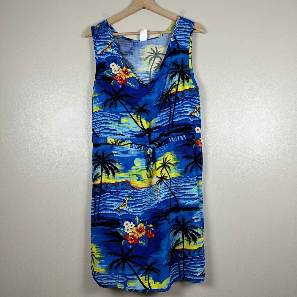 Palmwave Women's Large Sleeveless Dress Blue Tropical Scenic Rayon Vacation NEW